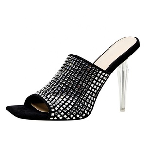 Bling Rhinestone Wedding Sandals Crystal Thin High Heel Open Toe Slides Black Women's <b>Shoes</b> Big Size 46 - Product Image 2