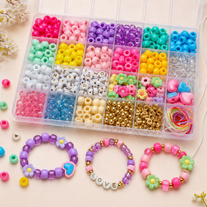Kit de Cuentas Pony DIY, 24 Compartimentos, Cuentas de Arcoíris con <span class=keywords><strong>Letras</strong></span> Doradas del Alfabeto, Cuentas 3D de Corazón y Flor para Hacer Pulseras y Joyería - Product Image 1