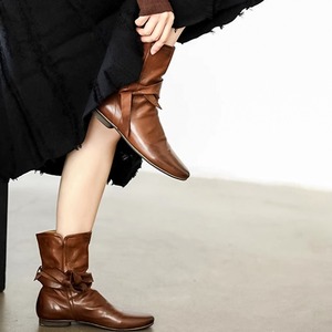 Botas de Moda Estilo Británico Vintage 2026 de Cuero Genuino con Lazo, Tacón Plano y Diseño Fruncido para Mujer - Product Image 3