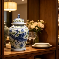 Pot en porcelaine bleu-vert antique avec couvercle à finition lion et motif phénix, pot à gingembre en céramique chinoise pour la décoration intérieure