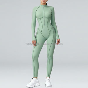 Conjunto de mono de entrenamiento de alta resistencia con cuello alto, media cremallera, manga larga, cintura alta y efecto levanta glúteos para moldear el cuerpo. - Product Image 2