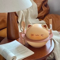 Service à café et thé en céramique écologique à thème chaton de dessin animé, avec baguettes, bol à soupe à double anse, couvercle et porte-cure-dents