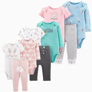 Günstige Baumwoll tuch Baby Boy Stram pler Baby Body suits Großhandel Set Sommer Kurzarm OEM Service Unisex Baumwolle 5set/pp Tasche