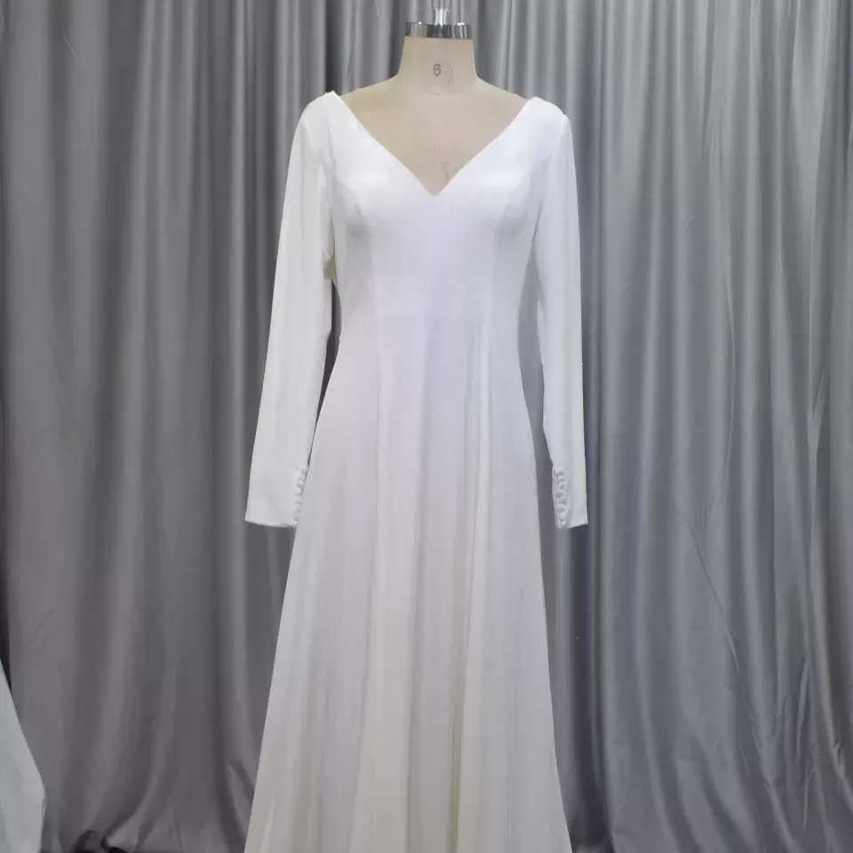 فستان جميل هود عالية الجودة الزفاف اللباس الرأس طويلة الأكمام فستان الزفاف مع V-خط العنق