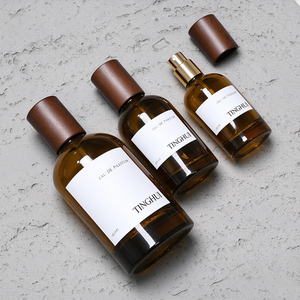 Flacon de parfum en verre transparent rond de luxe, ambre, avec vaporisateur, 30 ml, 50 ml, 100 ml, avec boîte, bouchon en bois noir - Product Image 5