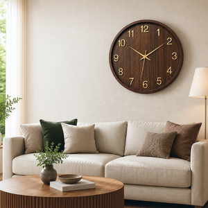 Horloge murale silencieuse, finition bois, horloge analogique, chiffres dorés, mouvement à quartz, horloge murale décorative moderne pour salon, chambre à coucher - Product Image 2
