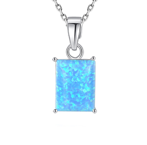 S925 Silver Blue Opal Pendant Necklace Rhodium Plated Claw Setting Square Classic Style Unisex Everyday Wear <b>Box</b> Chain - Product Image 1