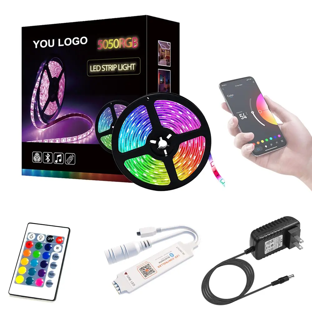 RGB Flex Light 12V SMD5050 30 LEDs/M 5M 2A Adapter Tuya Smart Blue tooth APP Control LED Strip with 24 keys ir Remote Controller