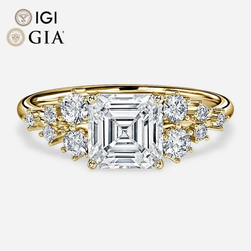 Gia Igi Certified Cvd Lab Grown Created Diamond 10k 14k 18k Gold Engagement Ring Asscher Cut Yellow Gold Features Side Stones