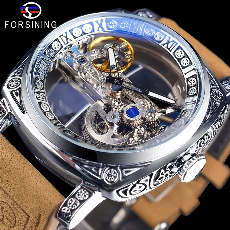 Top Brand Forsining 2022 Luxury Design Transparent Case Brown Leather Strap Mens Watches Luxury Automatic Skeleton Wrist Watches