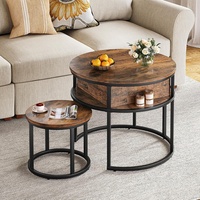Table gigogne ronde pour salon, table basse relevable avec rangement caché