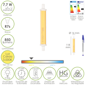 Bombilla LED para focos R7S de rosca. 7.7 vatios. Equivalente a 50 vatios. 850 lúmenes. Blanco Cálido (3000K). - Product Image 1
