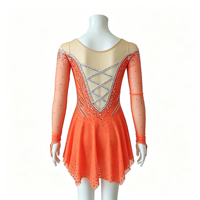 Robe de patinage artistique orange pour enfants et adultes, manches longues en maille, strass, jupe asymétrique en mousseline, pour compétition et spectacle de patinage sur glace