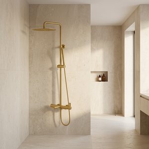 Ensemble de douche mural 3 fonctions, 67906, avec joystick, finition Chrome/Noir mat/Or brossé, incluant pommeau pluie, douchette à main et bec de baignoire - Product Image 2