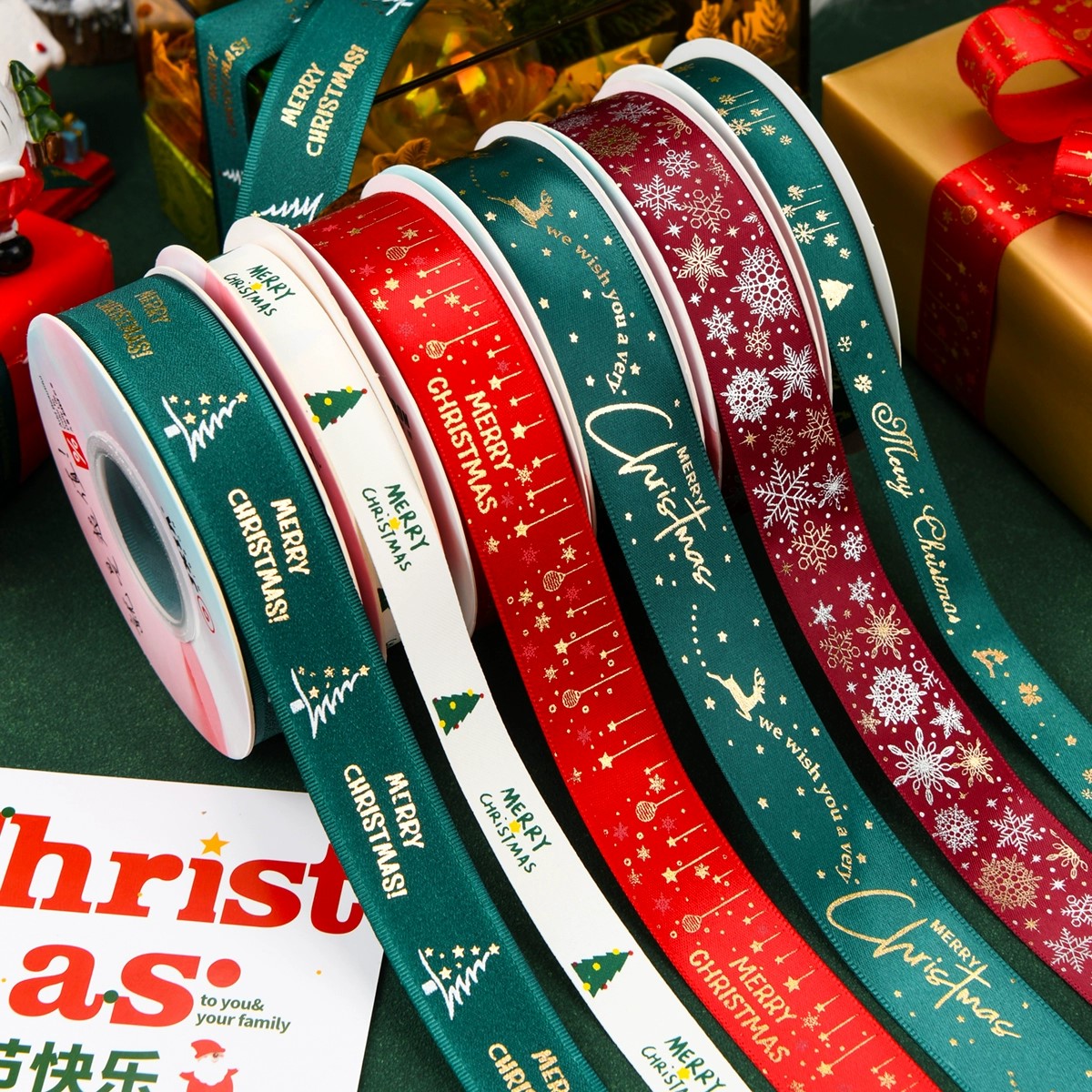 Christmas Satin Ribbon with Gold Foil Print Festive Snowflake, Tree Reindeer Designs for Gift Wrapping, Holiday Decor DIY Crafts