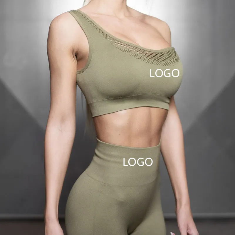 Leggings et soutien-gorge de sport pour femmes, Logo personnalisé pour dames, vêtements de Fitness actif, taille haute asymétrique, épaule dénudée, ensemble de 2 pièces, sans couture, Yoga, 2020