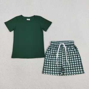 Conjunto de Ropa para Bebé Niño de 2 Piezas, Camiseta y Pantalones Cortos de Algodón con Estampado Verde y Negro, Color Sólido, Estilo Casual, con Tela de Lana Peinada - Product Image 1