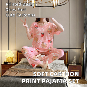 Ensemble de pyjamas manches courtes à imprimé complet, 2 pièces, taille élastique, doux, lait, soie, dessins animés coréens pour chambre d'étudiants - Product Image 2