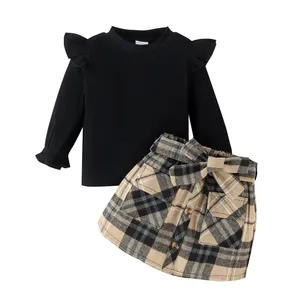 2023 Children Fashion Clothing High Collar Baby Long Sleeve Pullover Plaid Short Skirt Set Autumn Autumn Girls Clothing Sets