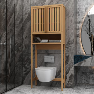 <span class=keywords><strong>Meuble</strong></span> de rangement en bambou pour toilettes avec étagère et placard, organisateur de salle de bain gain de place <span class=keywords><strong>au</strong></span>-<span class=keywords><strong>dessus</strong></span> des toilettes, mobilier naturel OEM - Product Image 6