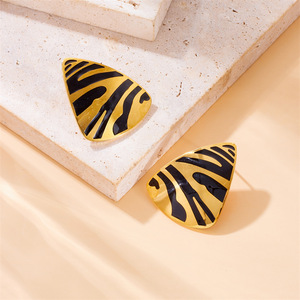 Geometric Triangular Gold Plated Stud Earrings With Zebra Pattern For Party Fashion - Product Image 3