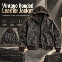 Blouson Bomber Homme Personnalisé en Similicuir Délavé Vintage avec Capuche, Fermeture Éclair, Effet Vieilli, Imperméable, Style Streetwear