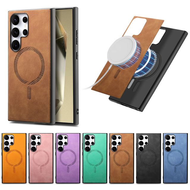 Solid Color Business PU Leather Magnetic Charging Phone Case for Samsung Galaxy S25 S24 Ultra Plus Shockproof Phone Case Cover