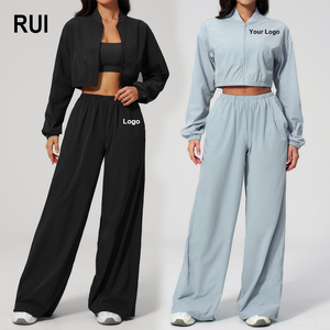RUIQUWIN Summer Women's Cool Feeling <b>Yoga</b> Tracksuit Striped Plus Size Solid Color Quick Dry Zipper <b>Jacket</b> Fitness Wide Leg Pants - Product Image 1