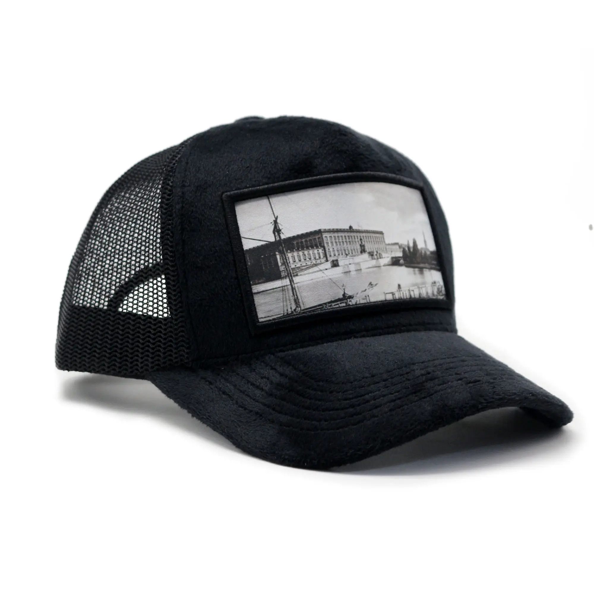Wholesale Mesh Custom Velvet Trucker Cap 5 Panels Custom printing Patch Embroidery Black Velvet Trucker Hat
