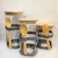 Ensemble de 3 pots à épices en verre avec couvercles et cuillères en bambou, bandes en silicone gris, rangement pour assaisonnements de cuisine