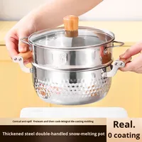 Marmite à double fond Yukihira en acier inoxydable japonais, pot à soupe, couvercle en verre, compatible gaz et induction, portable, multifonctionnel