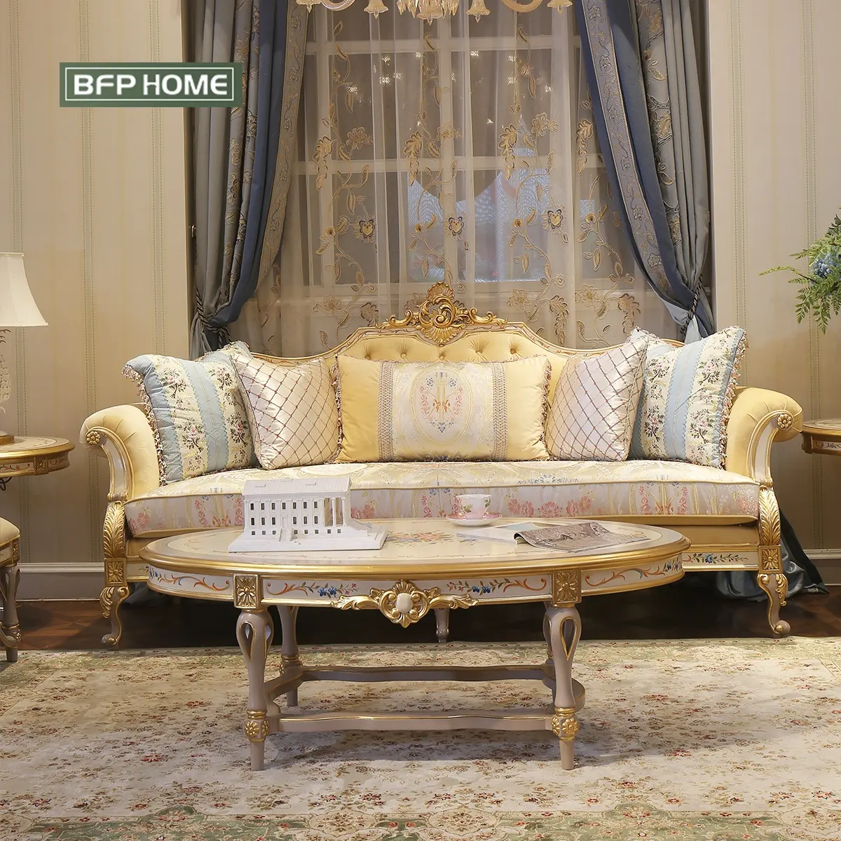 BFP בית צרפתית יוקרה סגנון מוצק עץ ריהוט ספה-high-end קלאסי סלון ספה סט עם זהב/כסף צבע