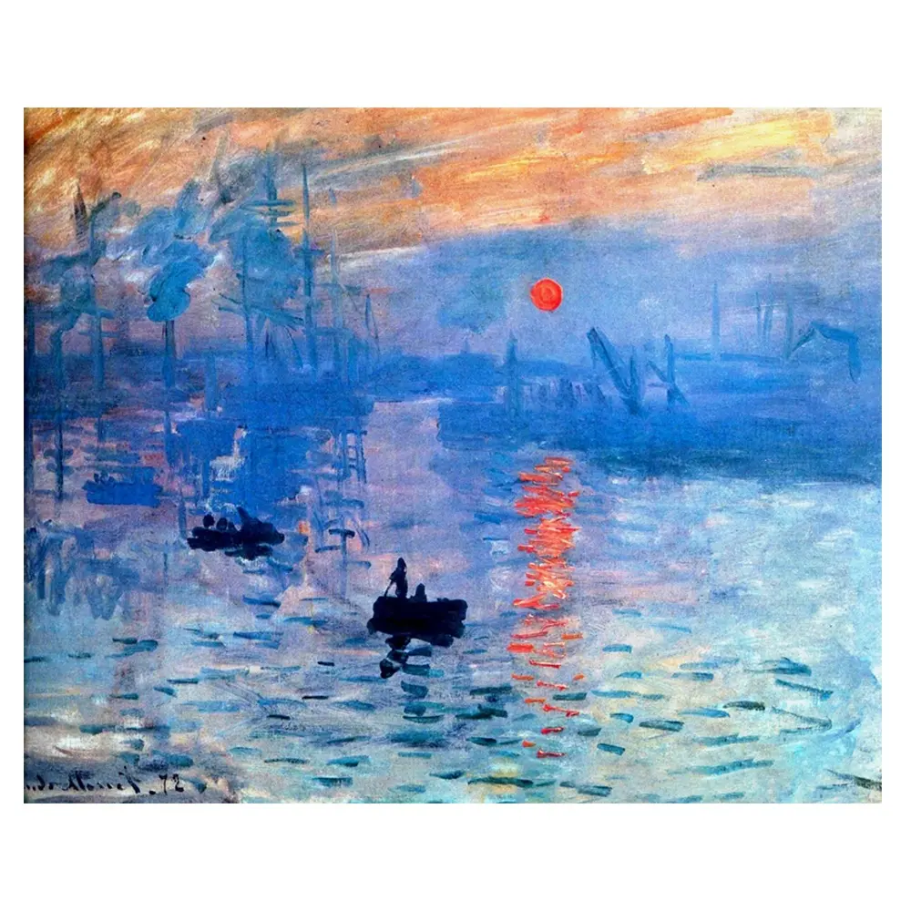 ภาพวาดสีน้ำมันแฮนด์เมด Claude Monet บนผืนผ้าใบ,ภาพวาดสีน้ำมันสร้างความประทับใจตกแต่งบ้านพระอาทิตย์ขึ้นสีฟ้า
