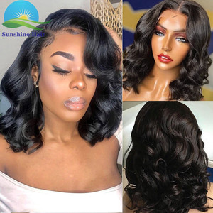 Parrucche vergini allineate perruque water wave crotchet jet capelli peruviani neri peruk bob parrucche frontali in pizzo corto per donne nere - Product Image 4