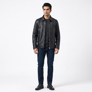 Men's Genuine Leather Vintage Hooded Varsity <b>Jacket</b> with Stand Collar and Front Logo 100% Natural Cowhide Autumn/Spring Season - Product Image 1