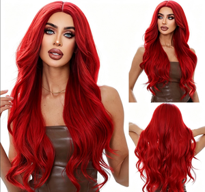 Neptune Red Long Curly Wig Center Part 100 Density High Temperature <b>Wire</b> Full Headgear Women's European American Style - Product Image 5