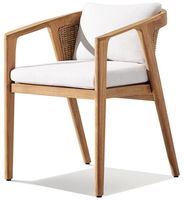 Chaise de salle à manger d'extérieur en teck luxueuse et confortable avec dossier en rotin tressé et coussins – Mobilier moderne pour patio, jardin, hôtel et complexe hôtelier