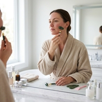 Kit de massage en jade vert foncé : Rouleau facial, Gua Sha en forme de cœur et spatule à masque – Outil de beauté et de soin anti-poches pour le lifting et le spa
