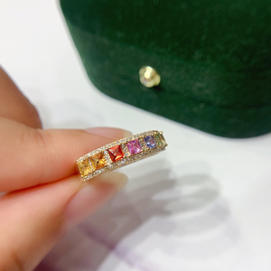 อาซูโอ 18K แหวนทองคำแท้สีเหลืองประดับสายรุ้ง แซฟไฟร์ธรรมชาติ ทรงเจ้าหญิง เพชรแท้ ของขวัญสุดหรูสำหรับเครื่องประดับงานปาร์ตี้ของผู้หญิง - Product Image 2