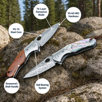 Couteau de poche Damas, couteau pliant personnalisé, couteau tactique de chasse, de camping et de survie, manche en bois/coquille, outil EDC BS305