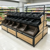 Supermarkt apparatuur voor fruit en groenten, goede prijs, winkelrek met 3 lagen en manden, versproducten presentatietafel