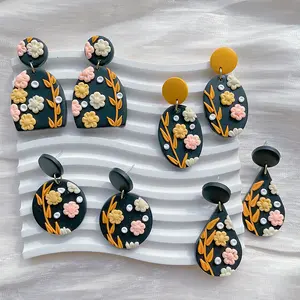 Retro Geometric Drop Dangle Earrings Handmade Polymer Clay Black Soft Ceramic Flower Earrings for Women