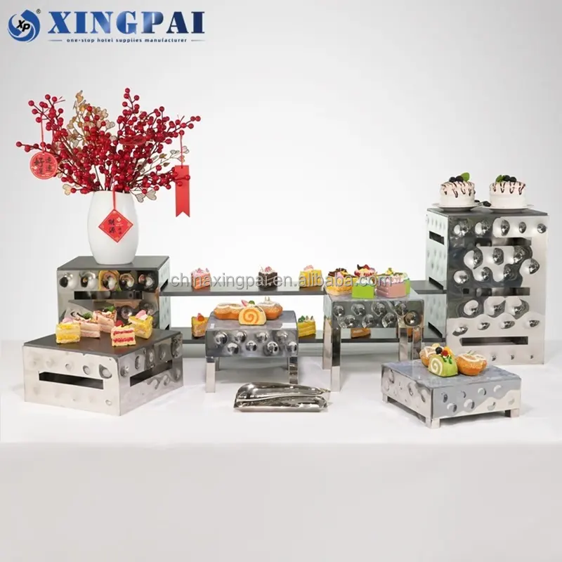 XINGPAI खानपान उपकरण चांदी केक खड़े हो जाओ सेट स्टेनलेस स्टील अंकित बुफे संगमरमर प्लेटों के साथ मिठाई भोजन प्रदर्शन खड़ा है