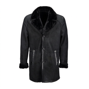 Manteau Chic en peau de mouton à simple boutonnage avec revers aux cheveux longs en noir-Luxueux Burbank Fashion Outerwear pour hommes et femmes - Product Image 1