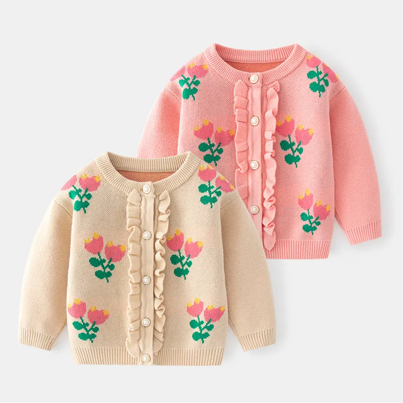 Hırka kazak çocuk giyim kızlar için pamuk çiçekler desen üst yürüyor triko uzun kollu sonbahar kış ceket için