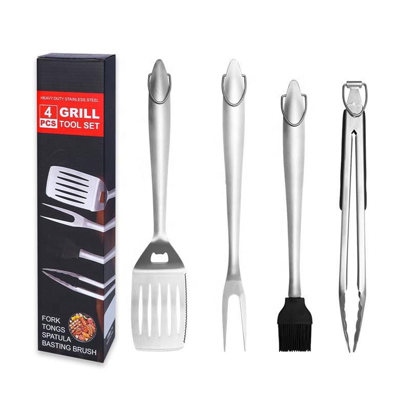 Accessoires de barbecue robustes en acier inoxydable de 14 pouces, ensemble d'outils de gril pour l'extérieur, ustensiles de cuisine portables pour le Camping et les grillades, 4 pièces