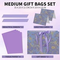 Sac cadeau élégant réutilisable violet avec poignée, ruban, cartes de vœux, emballage de luxe multifonctionnel pour cadeaux, sac de shopping