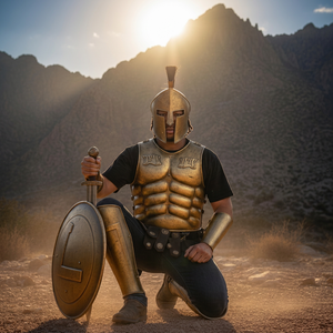 Conjunto de armadura espartana griega hecha a mano — Casco, coraza muscular (delantera y trasera), escudos redondos, brazaletes y soporte de cuero - Product Image 1