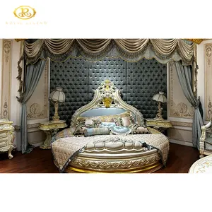 Real antigo rococó estilo dourado madeira ornamentado cabeceira verde esmeralda coroado cama queen size para Master Suite