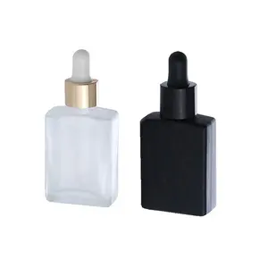 Design unico vuoto 30ml 1oz 50ml 100ml quadrato francese nero opaco vetro essenziale contagocce flacone con pipetta siero (GSA28)